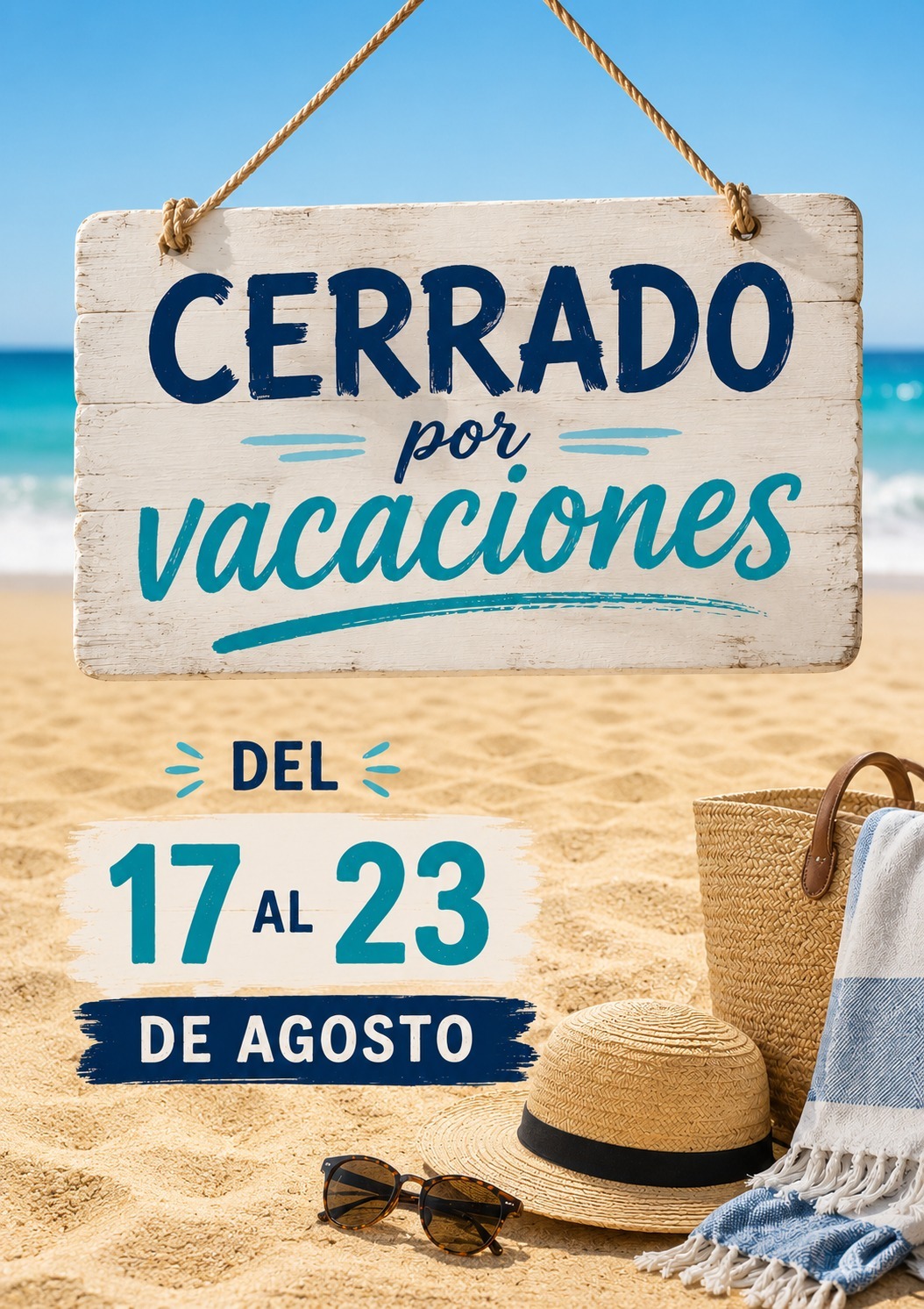 Sign on a sandy beach announcing closure: 'CERRADO por vacaciones' from August 17 to 23.